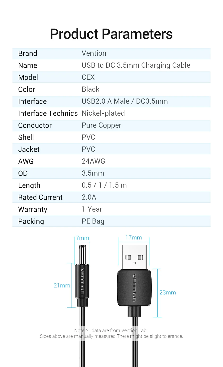 Vention USB to DC 3.5mm Power Cable USB A to 3.5 Jack Connector 5V Power Supply Adapter for Fans USB HUB DC 5.5mm Charging Cable