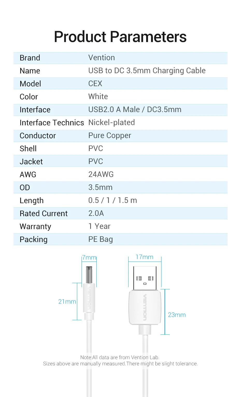 Vention USB to DC 3.5mm Power Cable USB A to 3.5 Jack Connector 5V Power Supply Adapter for Fans USB HUB DC 5.5mm Charging Cable