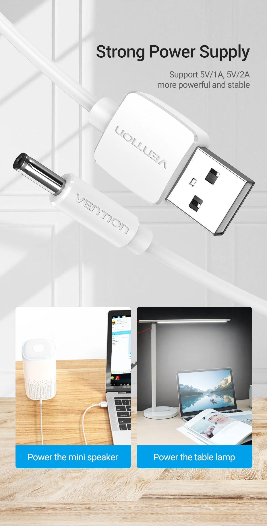 Vention USB to DC 3.5mm Power Cable USB A to 3.5 Jack Connector 5V Power Supply Adapter for Fans USB HUB DC 5.5mm Charging Cable