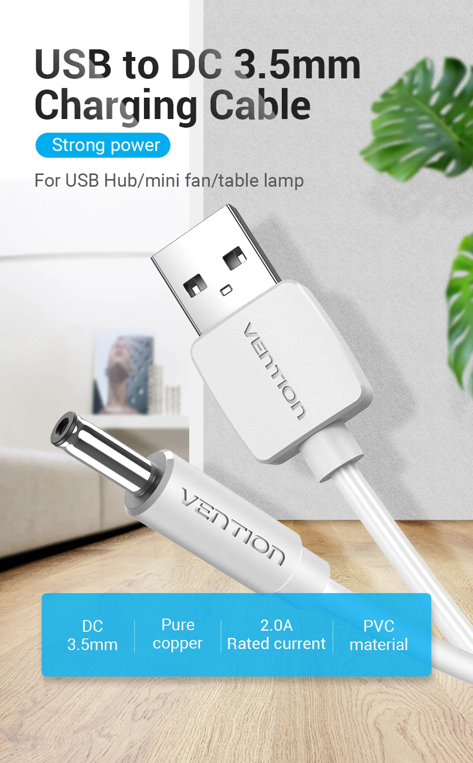 Vention USB to DC 3.5mm Power Cable USB A to 3.5 Jack Connector 5V Power Supply Adapter for Fans USB HUB DC 5.5mm Charging Cable