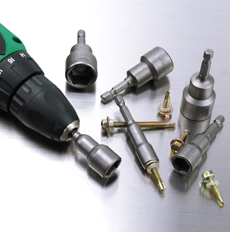 6mm~19mm 1pcs Power Nut Driver Set Magnetic Standard Socket Wrench 65mm 1/4" Hex Shank Power Tools Power Drills Impact Drivers