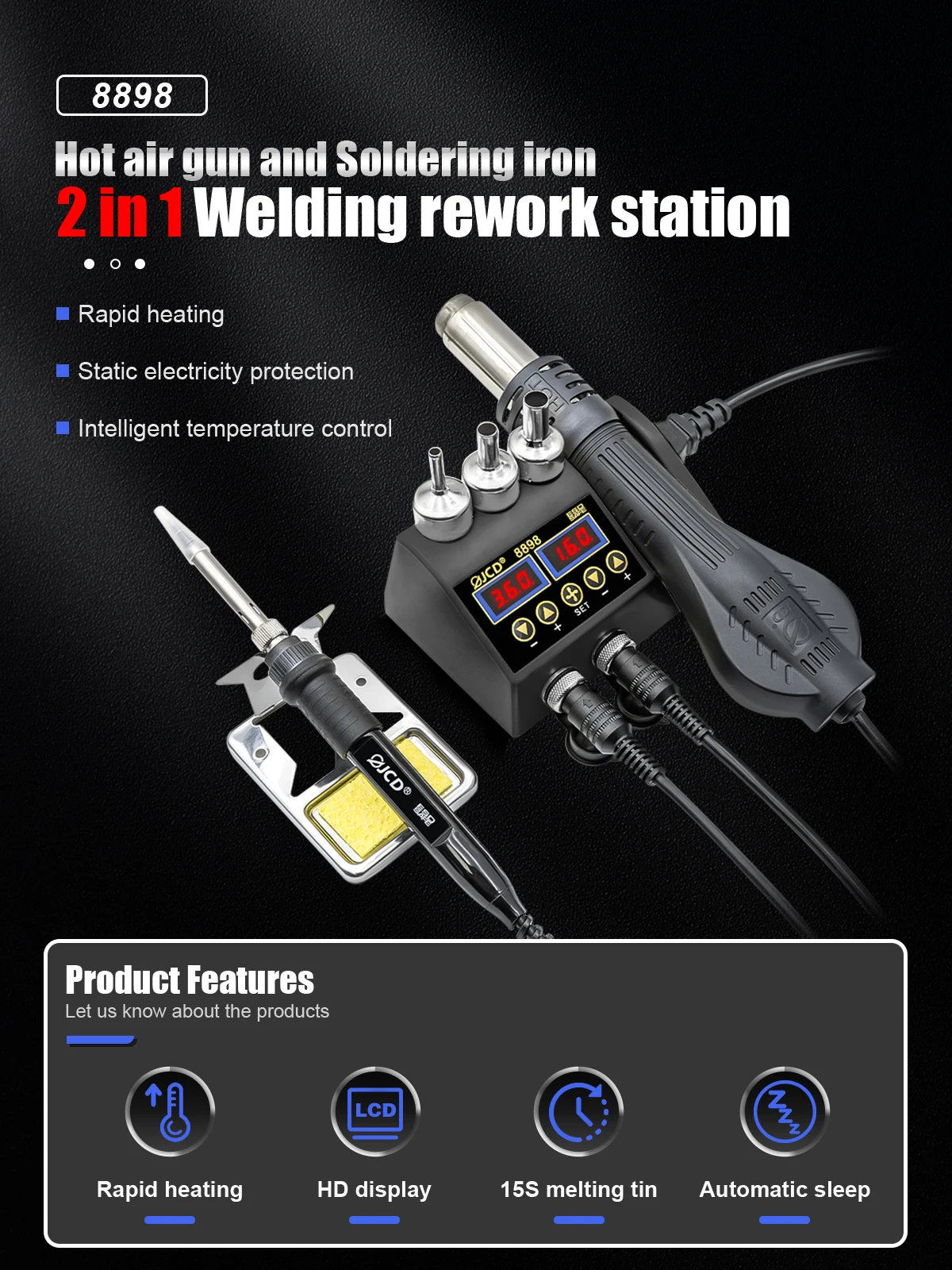 750W SMD Rework Soldering Station 2 in 1 Soldering Iron Hot Air Welding Station LCD Digital Display For BGA PCB IC Repair 8898