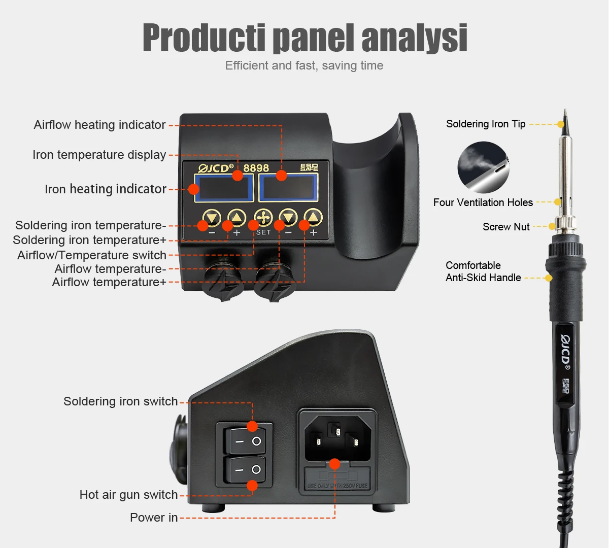 750W SMD Rework Soldering Station 2 in 1 Soldering Iron Hot Air Welding Station LCD Digital Display For BGA PCB IC Repair 8898