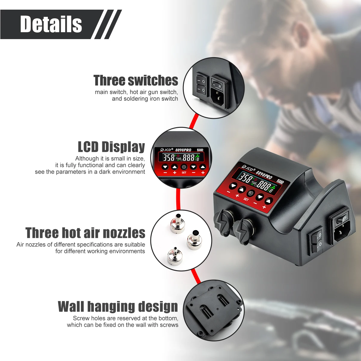 750W SMD Rework Soldering Station 2 in 1 Soldering Iron Hot Air Welding Station LCD Digital Display For BGA PCB IC Repair 8898
