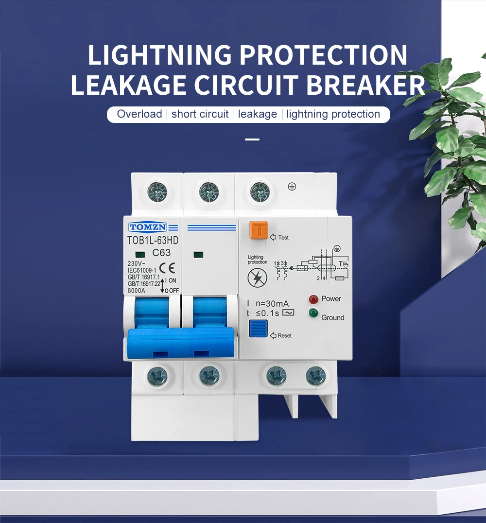 TOMZN Main Switch Residual Current Circuit Breaker With Surge Protector RCBO MCB With Lightning Protection SPD
