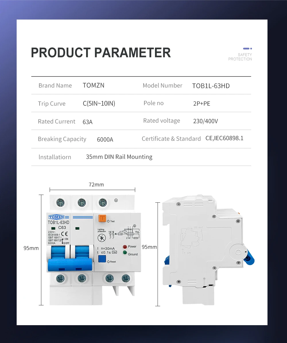 TOMZN Main Switch Residual Current Circuit Breaker With Surge Protector RCBO MCB With Lightning Protection SPD