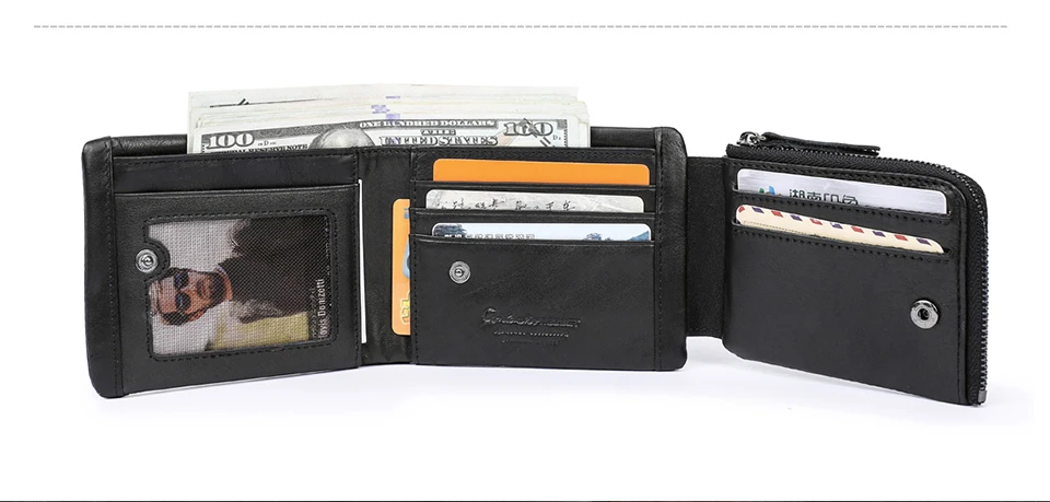 CONTACT'S Men Short Wallets Genuine Leather Wallet Male Coin Purse Trifold Card Holder Money Clip Pocket Mini Wallets Men's Bag
