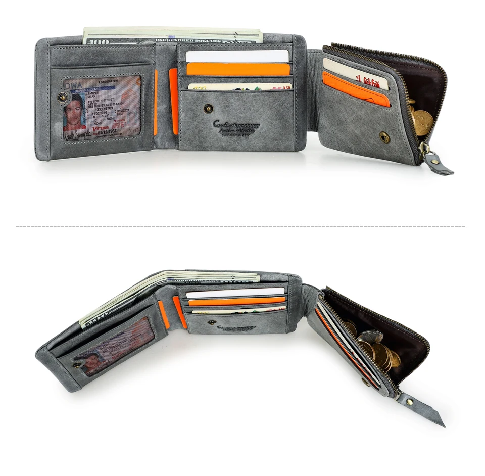 CONTACT'S Men Short Wallets Genuine Leather Wallet Male Coin Purse Trifold Card Holder Money Clip Pocket Mini Wallets Men's Bag