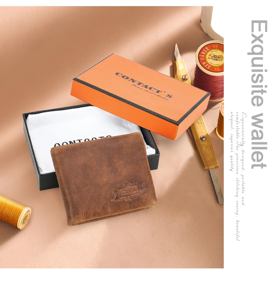 CONTACT'S Men Short Wallets Genuine Leather Wallet Male Coin Purse Trifold Card Holder Money Clip Pocket Mini Wallets Men's Bag