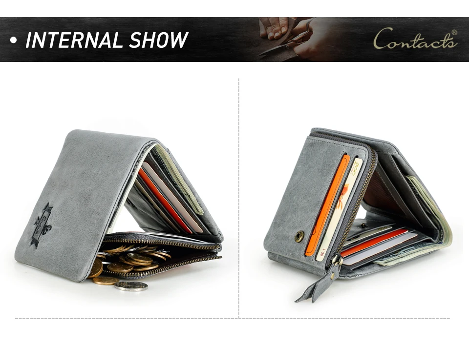 CONTACT'S Men Short Wallets Genuine Leather Wallet Male Coin Purse Trifold Card Holder Money Clip Pocket Mini Wallets Men's Bag