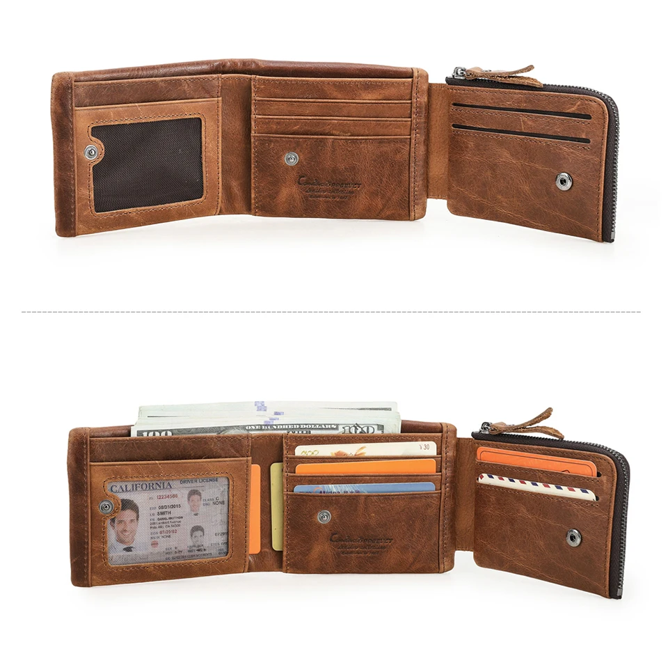 CONTACT'S Men Short Wallets Genuine Leather Wallet Male Coin Purse Trifold Card Holder Money Clip Pocket Mini Wallets Men's Bag