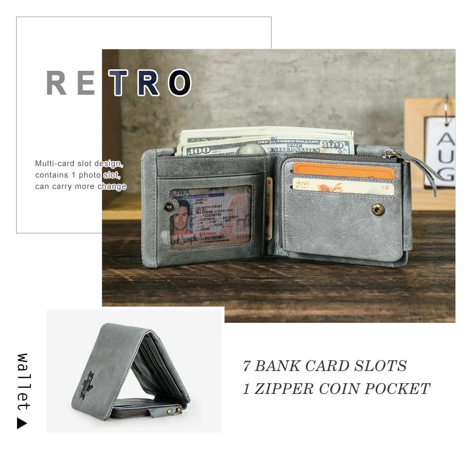 CONTACT'S Men Short Wallets Genuine Leather Wallet Male Coin Purse Trifold Card Holder Money Clip Pocket Mini Wallets Men's Bag