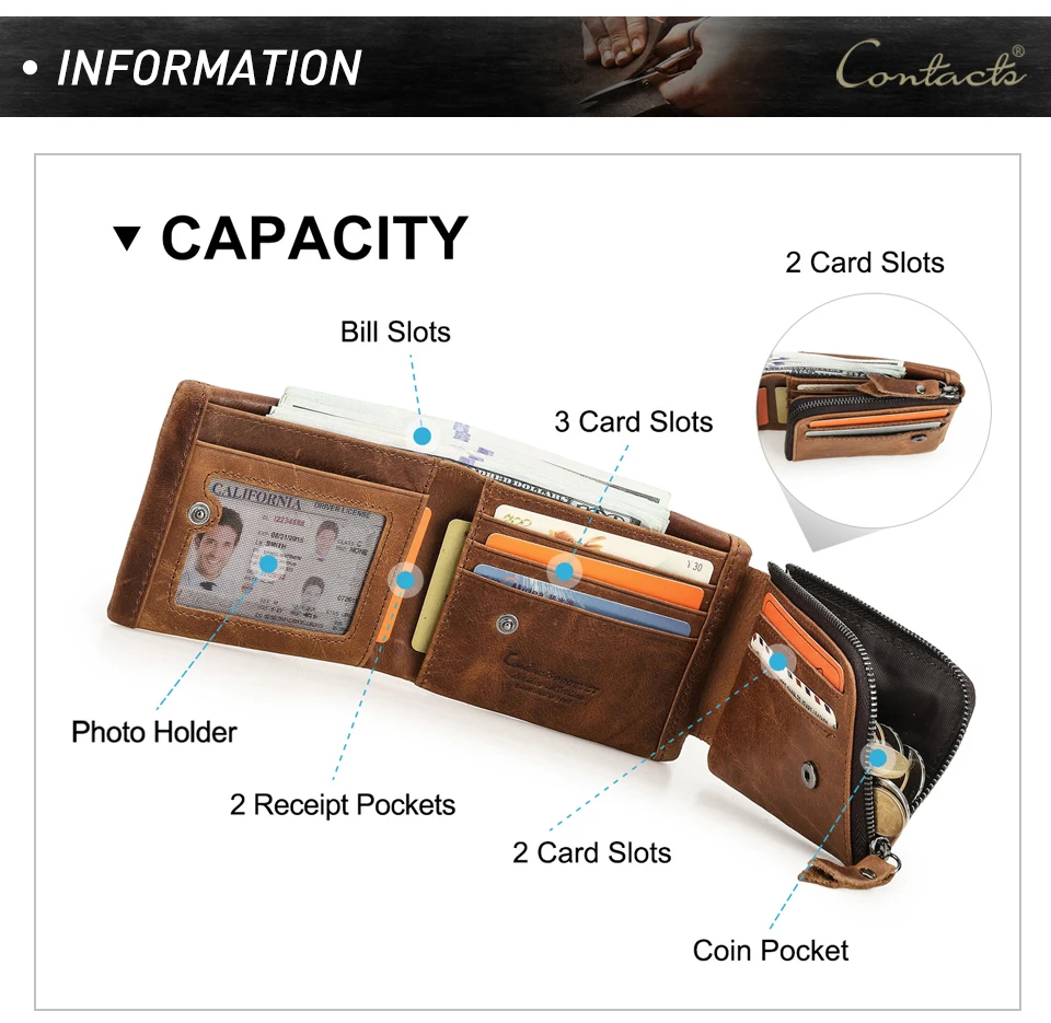 CONTACT'S Men Short Wallets Genuine Leather Wallet Male Coin Purse Trifold Card Holder Money Clip Pocket Mini Wallets Men's Bag