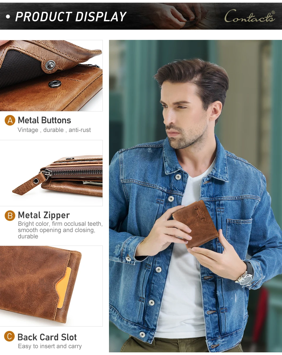 CONTACT'S Men Short Wallets Genuine Leather Wallet Male Coin Purse Trifold Card Holder Money Clip Pocket Mini Wallets Men's Bag