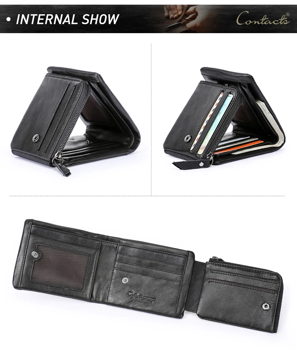 CONTACT'S Men Short Wallets Genuine Leather Wallet Male Coin Purse Trifold Card Holder Money Clip Pocket Mini Wallets Men's Bag