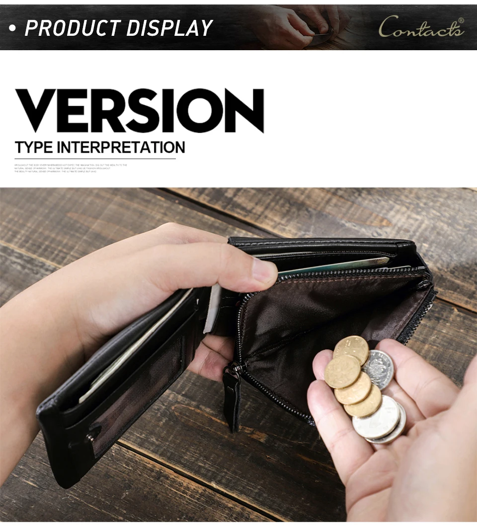 CONTACT'S Men Short Wallets Genuine Leather Wallet Male Coin Purse Trifold Card Holder Money Clip Pocket Mini Wallets Men's Bag