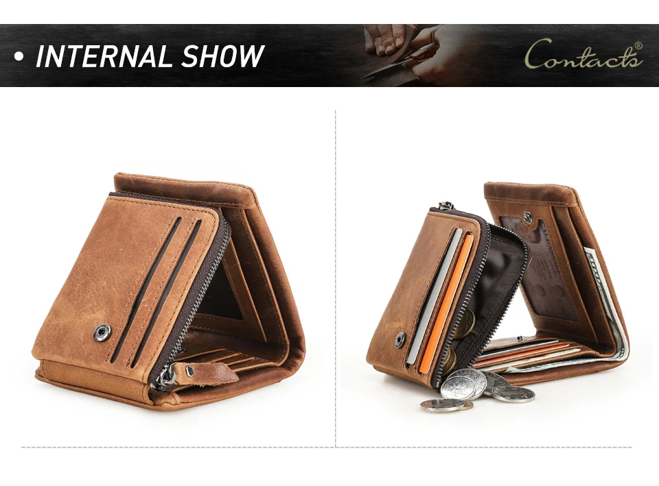 CONTACT'S Men Short Wallets Genuine Leather Wallet Male Coin Purse Trifold Card Holder Money Clip Pocket Mini Wallets Men's Bag