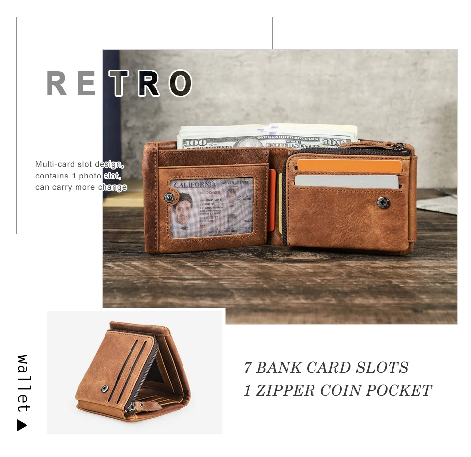 CONTACT'S Men Short Wallets Genuine Leather Wallet Male Coin Purse Trifold Card Holder Money Clip Pocket Mini Wallets Men's Bag