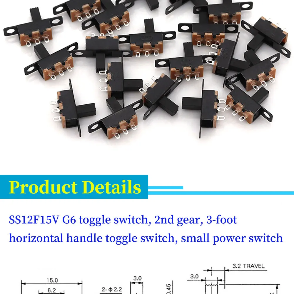 20-200pcs 50V 0.5A Mini Size Black SPDT Slide Switch for DIY Power Electronic Projects SS12F15 ON-OFF Toggle Switch Handle 6mm