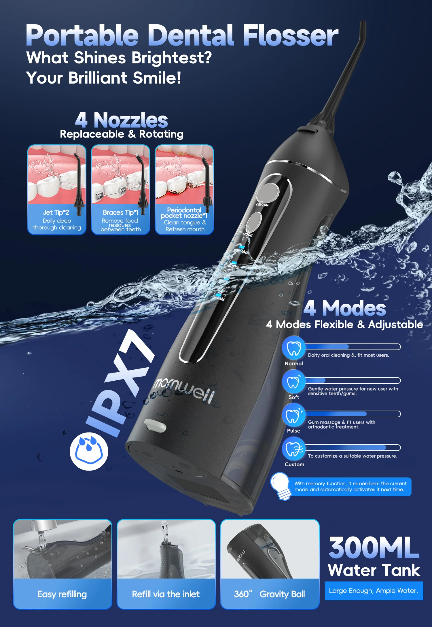 Portable F18 Water Flosser 4 Modes Water Floss USB Rechargeable 4 Nozzles Oral Water Jet 200ml Water Tank Waterproof
