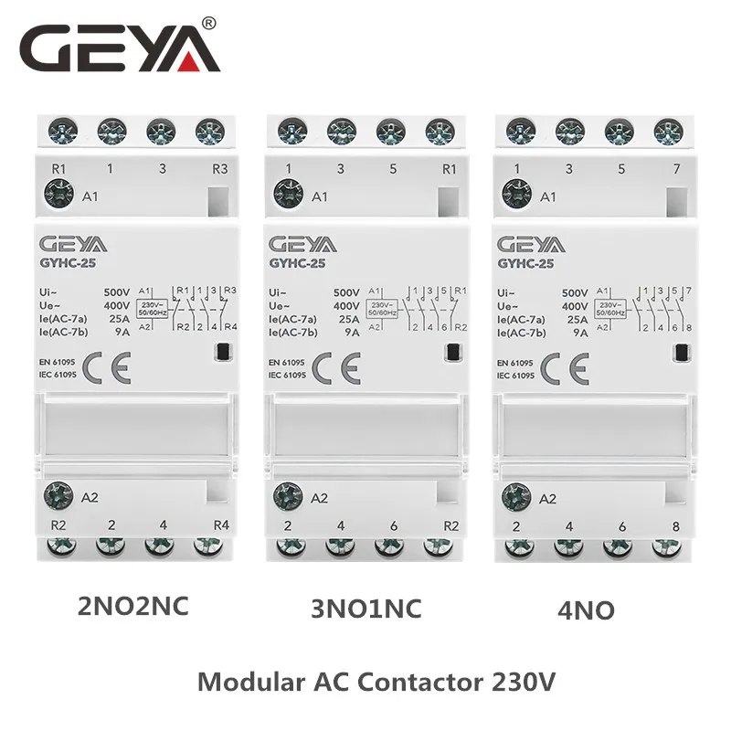 GEYA Din Rail Automatic Modular Household Contactor AC230V 4P 25A 4NO 2NO2NC 3NO1NC 50/60Hz