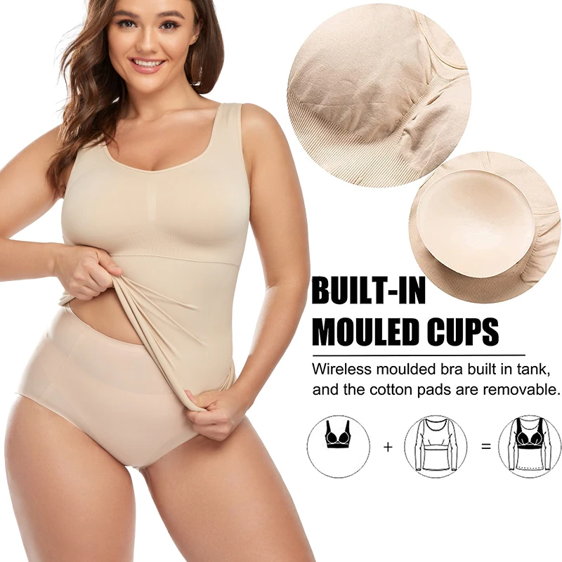 Women Cami Shaper with Built in Bra Tummy Control Camisole Tank Top Underskirts Shapewear Slimming Body Shaper Compression Vest