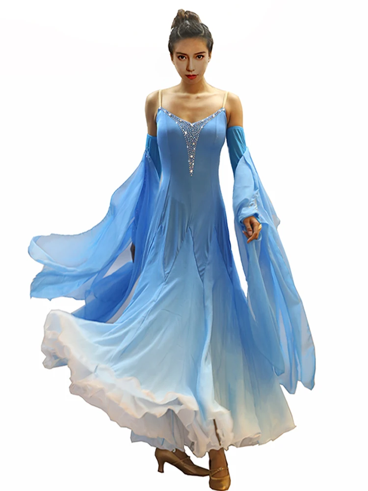 Ballroom Dance Dress Standard Skirt Competition Dress Costumes Performing Dress Customize Adult Children Blue Sparkly Rhinestone
