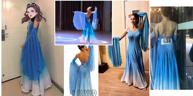 Ballroom Dance Dress Standard Skirt Competition Dress Costumes Performing Dress Customize Adult Children Blue Sparkly Rhinestone