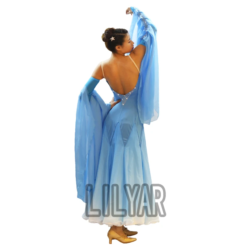 Ballroom Dance Dress Standard Skirt Competition Dress Costumes Performing Dress Customize Adult Children Blue Sparkly Rhinestone