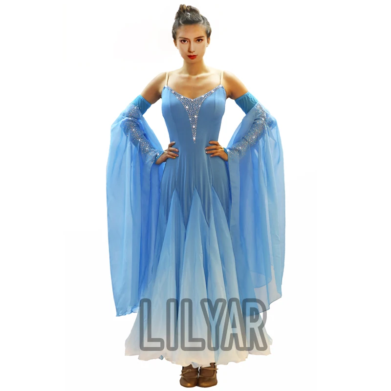 Ballroom Dance Dress Standard Skirt Competition Dress Costumes Performing Dress Customize Adult Children Blue Sparkly Rhinestone