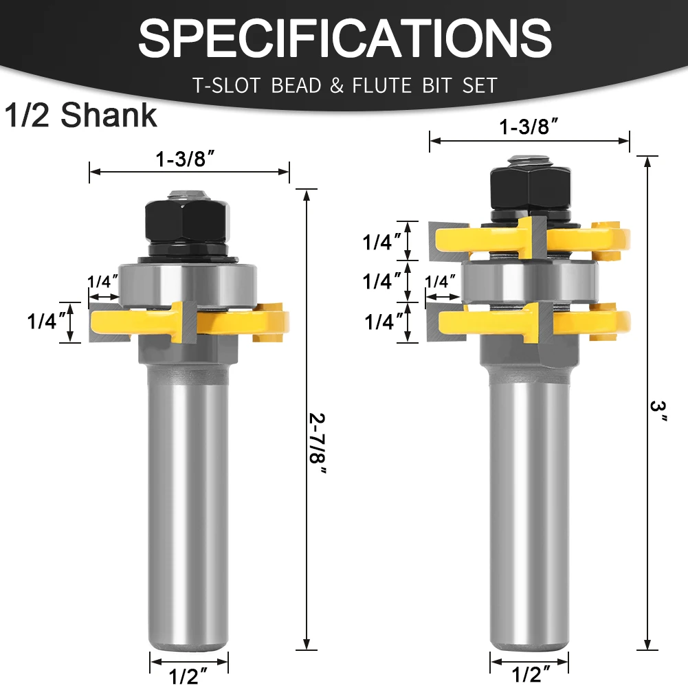 Tongue and Groove Router Bit Set 1/4' X 1/4' - 1/2' Shank Shaker Woodworking Chisel Cutter Tool