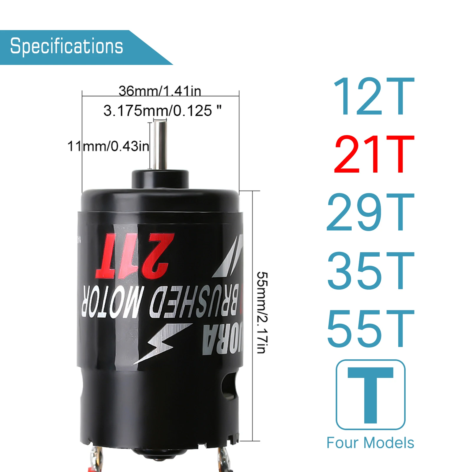 INJORA 550 Brushed Motor Waterproof 12T 21T 29T 35T 55T for 1:10 RC Crawler Axial SCX10 AXI03007 JL 90046 Slash TRX4 TRX6
