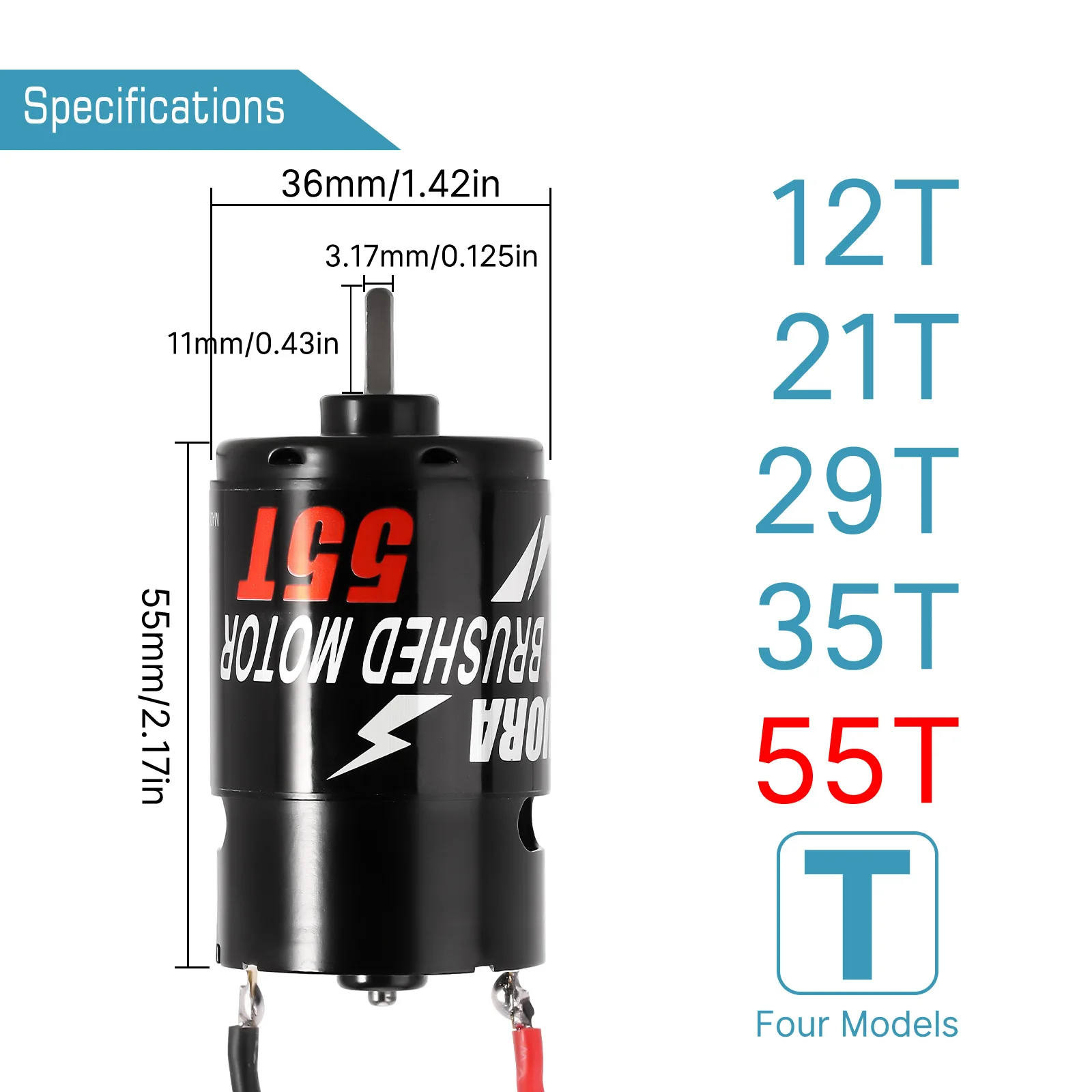 INJORA 550 Brushed Motor Waterproof 12T 21T 29T 35T 55T for 1:10 RC Crawler Axial SCX10 AXI03007 JL 90046 Slash TRX4 TRX6