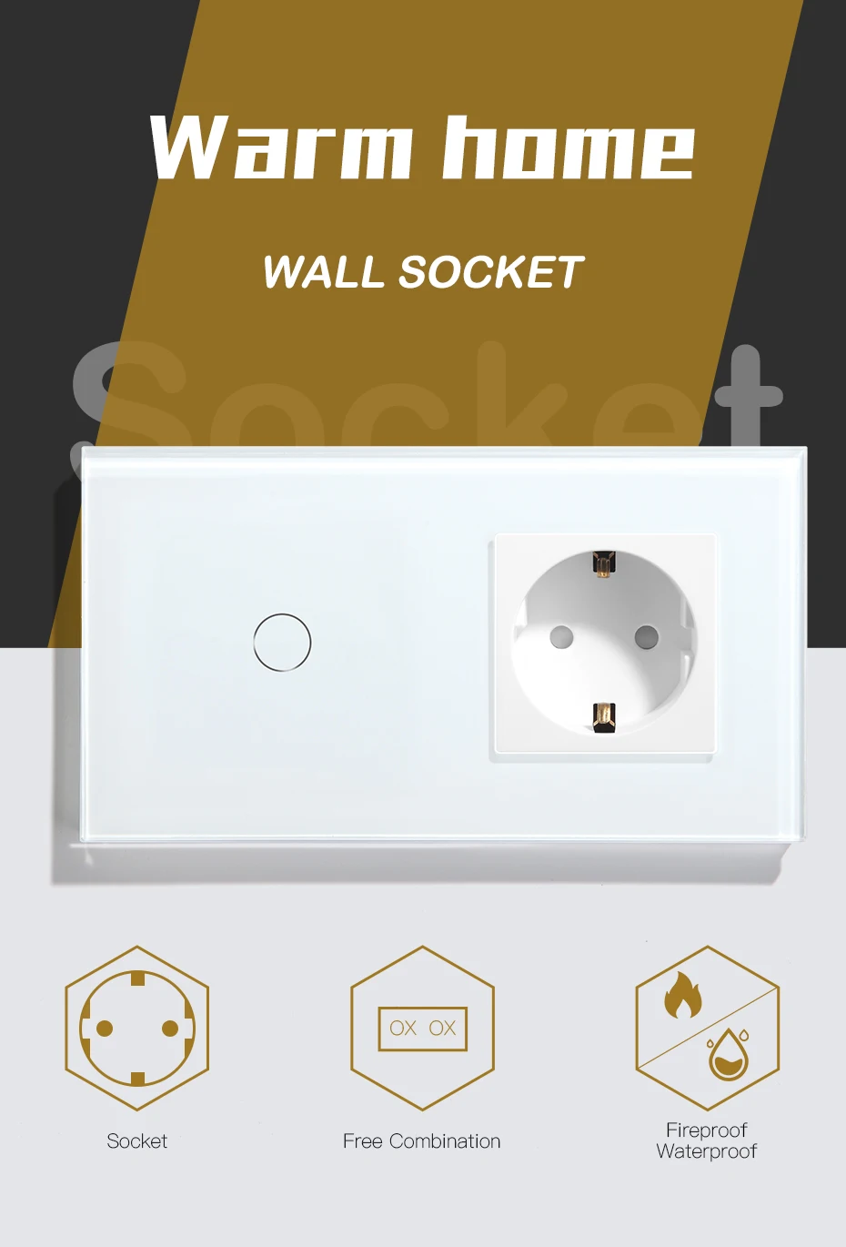 BSEED Touch Light Switch Wall Socket Glass 1/2/3Gang Touch Screen Switch Power Outlet Max.300W/Gang Led Switch Wall Socket Black