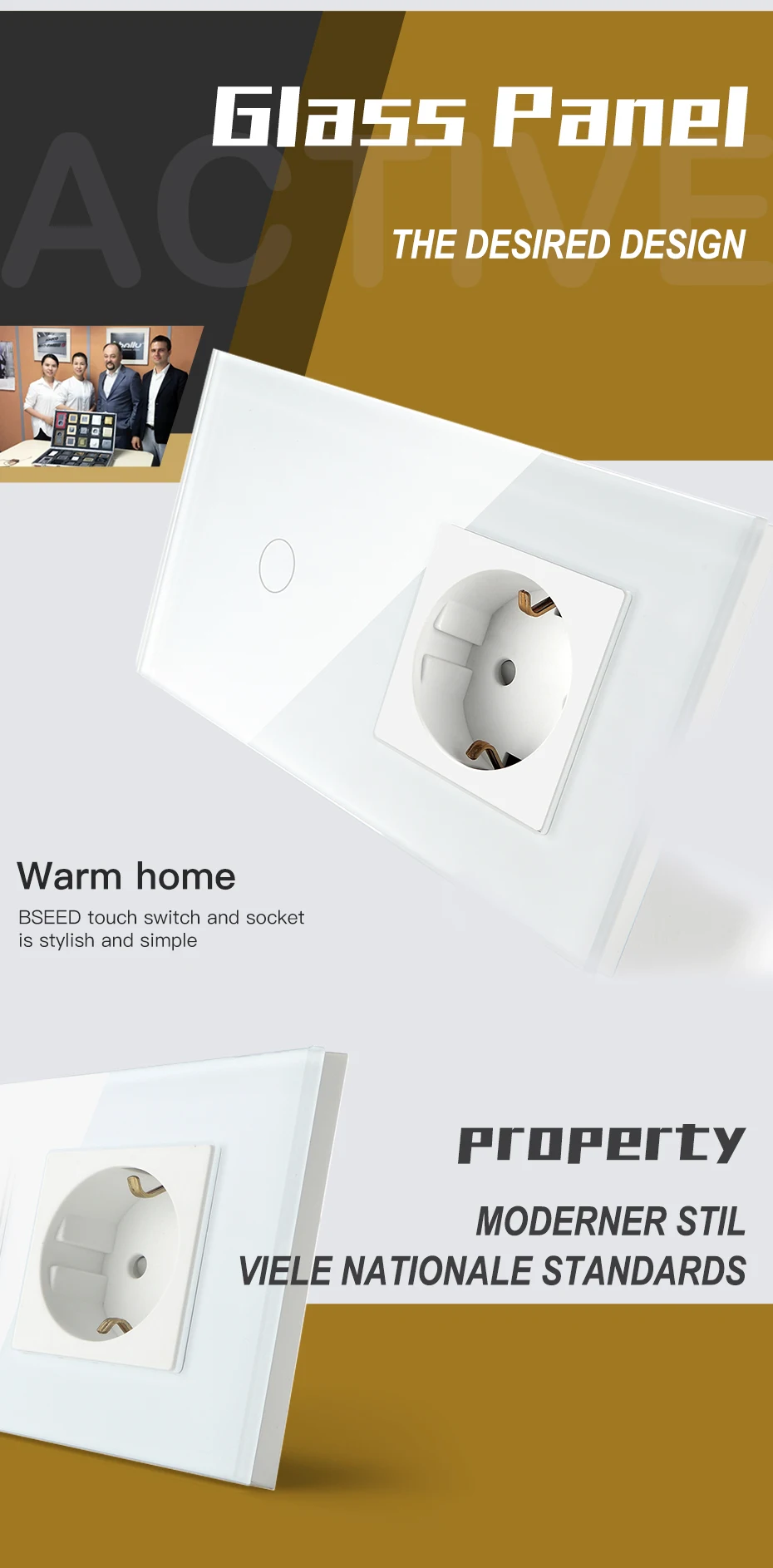BSEED Touch Light Switch Wall Socket Glass 1/2/3Gang Touch Screen Switch Power Outlet Max.300W/Gang Led Switch Wall Socket Black