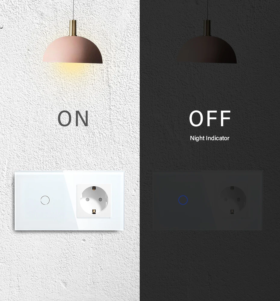 BSEED Touch Light Switch Wall Socket Glass 1/2/3Gang Touch Screen Switch Power Outlet Max.300W/Gang Led Switch Wall Socket Black