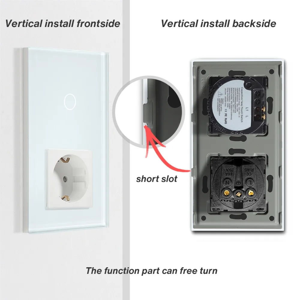 BSEED Touch Light Switch Wall Socket Glass 1/2/3Gang Touch Screen Switch Power Outlet Max.300W/Gang Led Switch Wall Socket Black