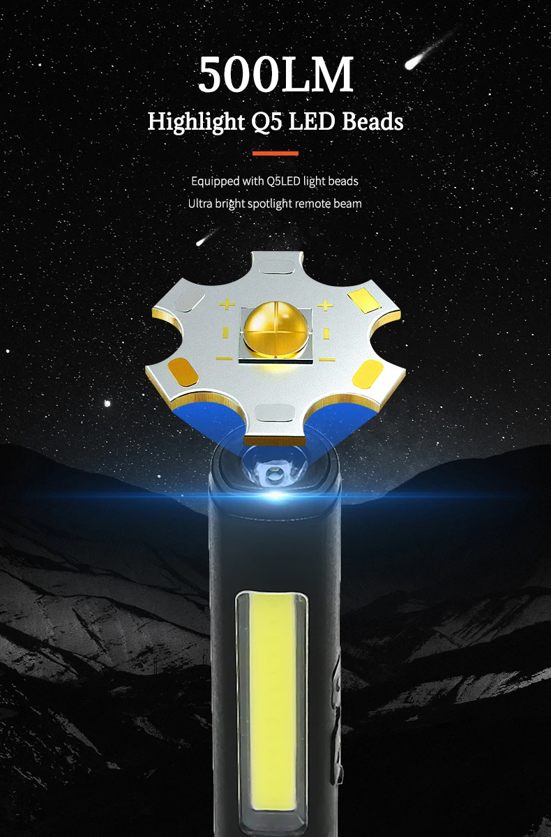 Portable LED Flashlight COB Floodlight and XPE High Beam Aluminum Alloy Pen Clip Work Light Built In Battery with Tail Magnet