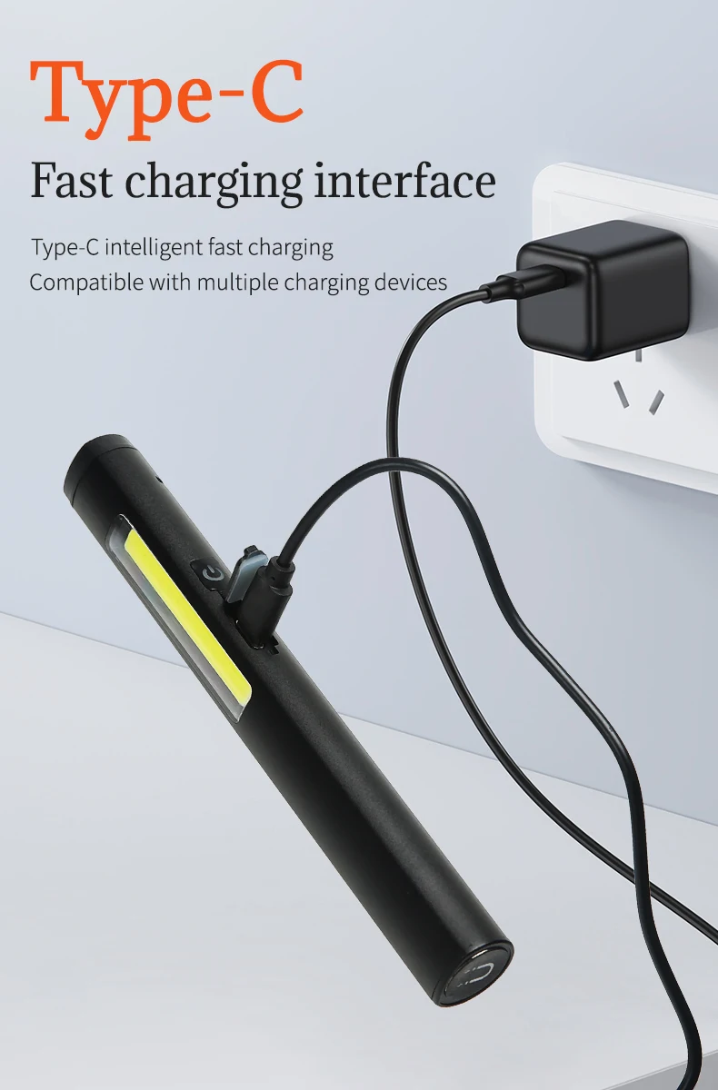 Portable LED Flashlight COB Floodlight and XPE High Beam Aluminum Alloy Pen Clip Work Light Built In Battery with Tail Magnet