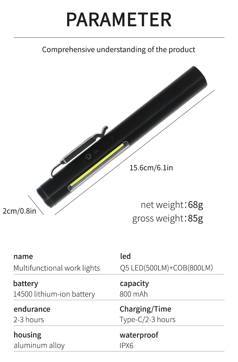 Portable LED Flashlight COB Floodlight and XPE High Beam Aluminum Alloy Pen Clip Work Light Built In Battery with Tail Magnet
