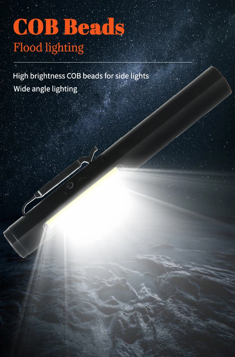Portable LED Flashlight COB Floodlight and XPE High Beam Aluminum Alloy Pen Clip Work Light Built In Battery with Tail Magnet