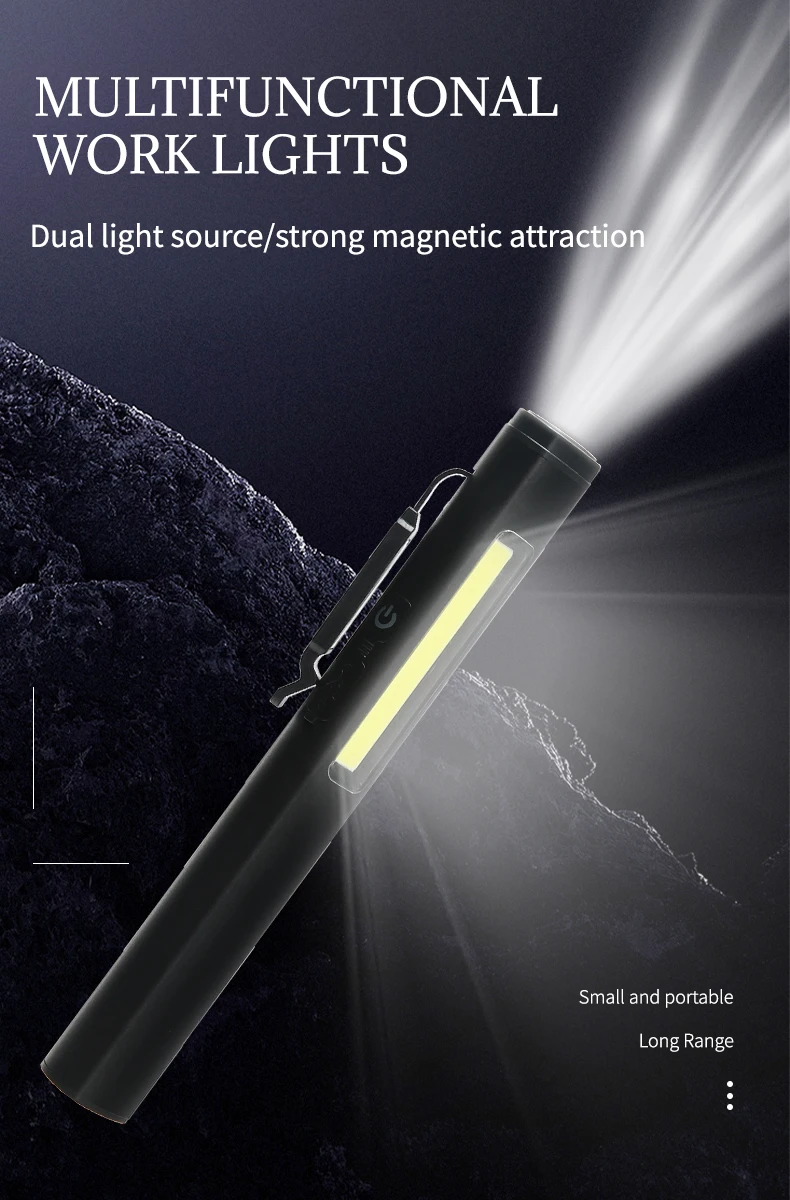 Portable LED Flashlight COB Floodlight and XPE High Beam Aluminum Alloy Pen Clip Work Light Built In Battery with Tail Magnet
