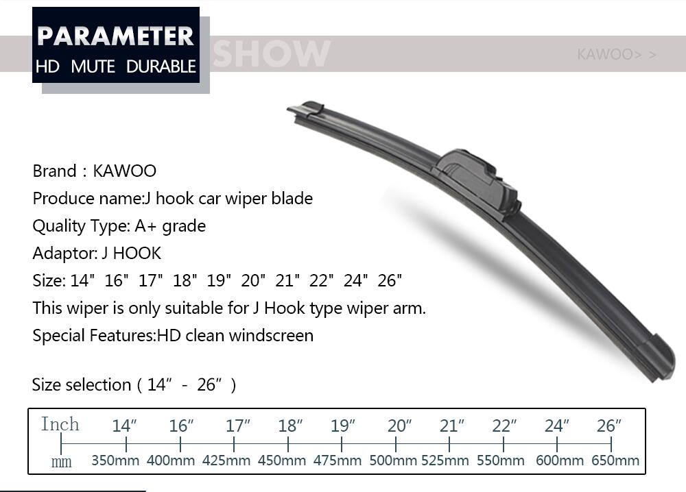 KAWOO Car Wiper Blade U Hook Universal Frameless Bracketless Rubber Car Windshield Wipe Blades 14"16"17"18"19"20"21"22"24"26"28"