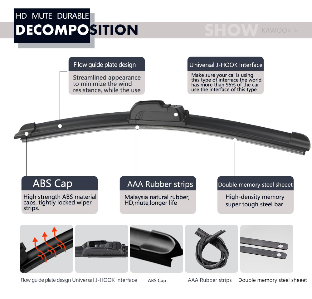 KAWOO Car Wiper Blade U Hook Universal Frameless Bracketless Rubber Car Windshield Wipe Blades 14"16"17"18"19"20"21"22"24"26"28"
