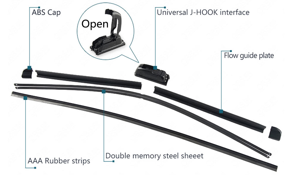 KAWOO Car Wiper Blade U Hook Universal Frameless Bracketless Rubber Car Windshield Wipe Blades 14"16"17"18"19"20"21"22"24"26"28"