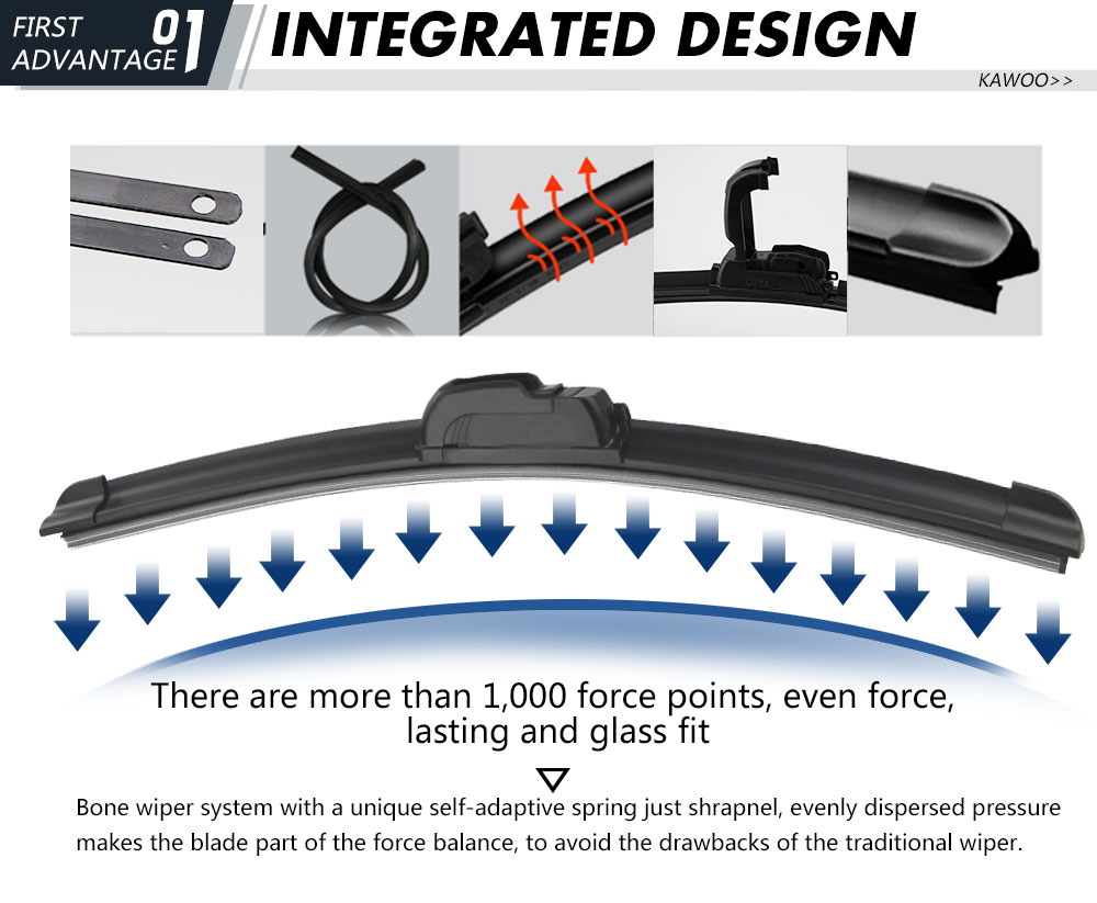 KAWOO Car Wiper Blade U Hook Universal Frameless Bracketless Rubber Car Windshield Wipe Blades 14"16"17"18"19"20"21"22"24"26"28"
