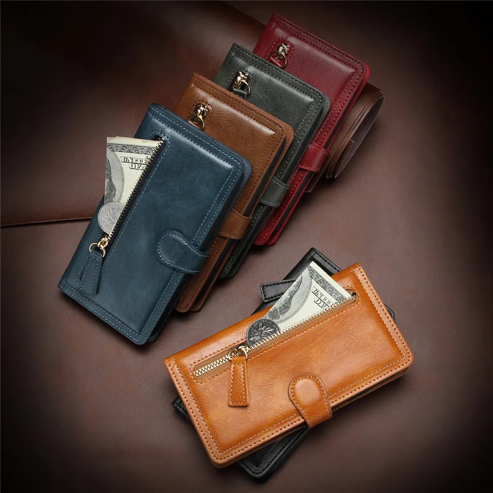 Luxury Leather Zipper Flip Wallet Case For iPhone 16 Pro Max 15 14 13 12 11 SE 2020 2022 Card Holder Stand Cover