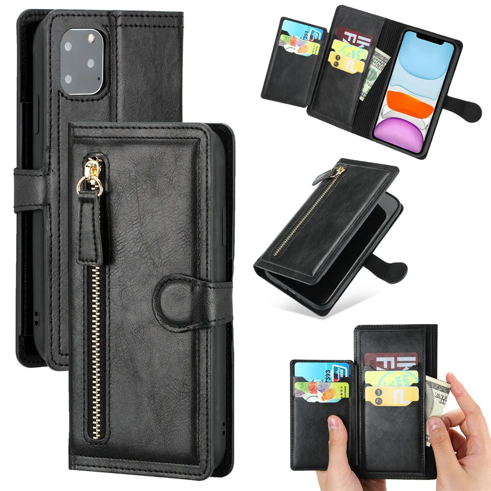 Luxury Leather Zipper Flip Wallet Case For iPhone 16 Pro Max 15 14 13 12 11 SE 2020 2022 Card Holder Stand Cover