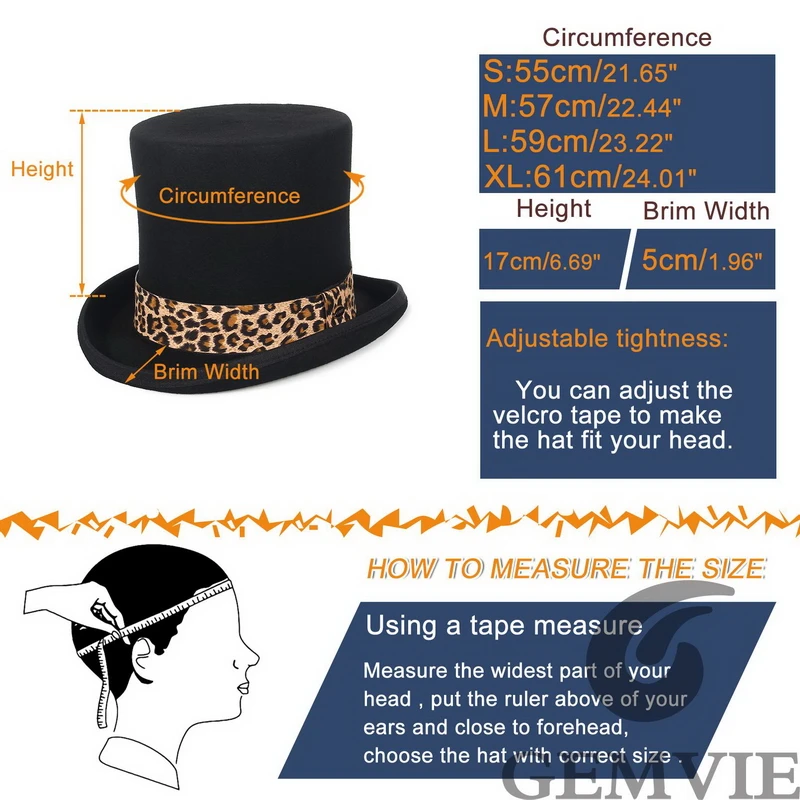 GEMVIE 17cm 100% Wool Felt Top Hat For Men Women Cylinder High Hat Topper Mad Hatter Party Costume Fedora Magician Theater Hat