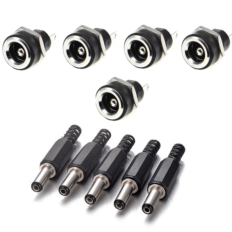 10PCS DC Power Connector pin 2.5x5.5mm Female Plug Jack + Male Plug Jack Socket Adapter PCB Mount DIY Adapter Connector 5.5x2.5